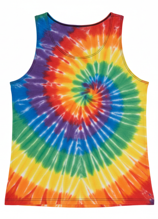 Vibrant tie-dye festival tank top in rainbow swirl pattern