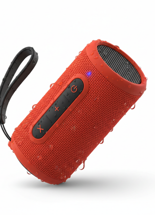 Red waterproof portable Bluetooth speaker with carabiner clip