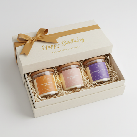Birthday scented candle gift box set of 3 soy wax candles with ribbon