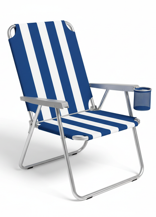 Foldable lightweight beach chair with blue and white stripes and cup holder