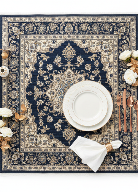 Luxury Living Bundle – Persian Rug, Gold Plates & Rose Gold Flatware