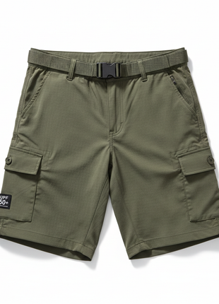 Olive green quick-dry hiking shorts with cargo pockets