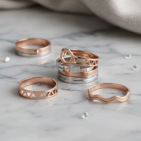 Modern stackable ring set with mixed rose gold and silver metals