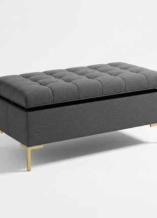 Tufted Storage Ottoman - Charcoal Gray Linen with Brass Legs