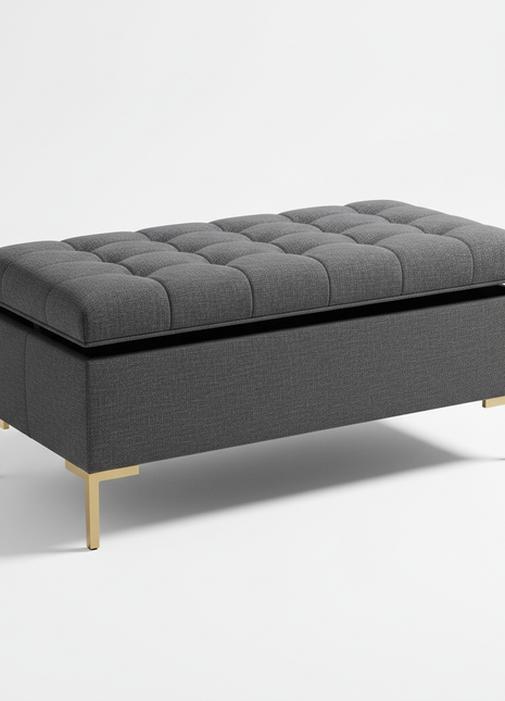 Tufted Storage Ottoman - Charcoal Gray Linen with Brass Legs