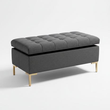 Tufted Storage Ottoman in Charcoal Gray Linen