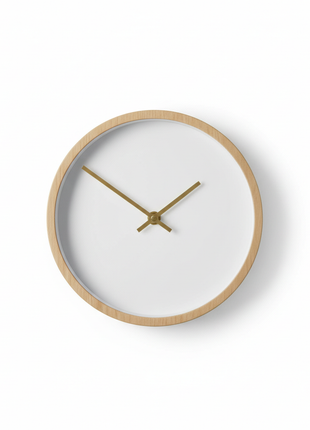 Minimalist Wall Clock with Wood Frame & Brass Hands