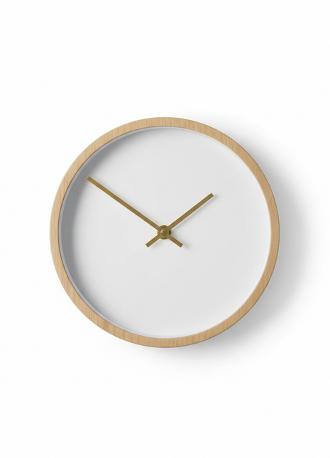 Minimalist Wall Clock with Wood Frame & Brass Hands