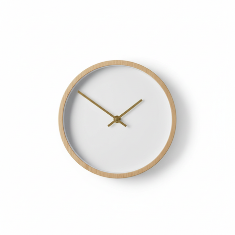 Minimalist Wall Clock with Wood Frame & Brass Hands