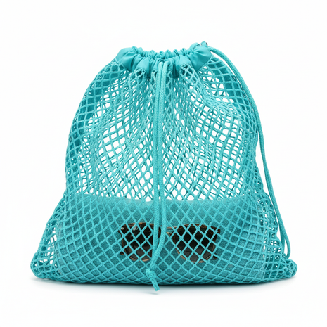 Bright turquoise open-weave mesh beach drawstring bag