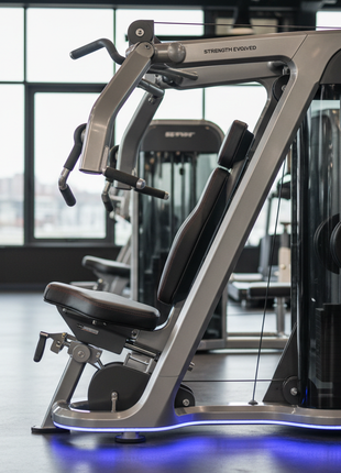 Side view of chest press showing press arms and seat adjustment