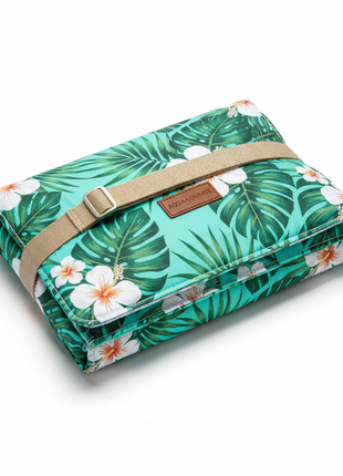 Tropical Palm Waterproof Beach Mat folded with carry strap