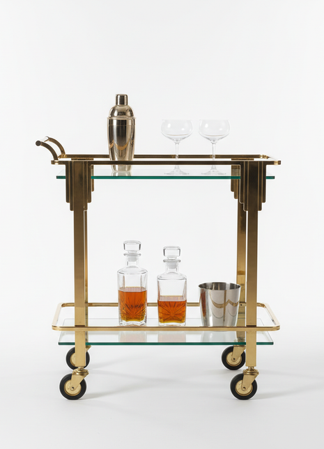 Brass Bar Cart with Glass Shelves - Art Deco Inspired