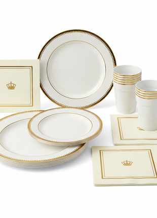 Premium Party Tableware Set - Gold Rim Plates & Cups
