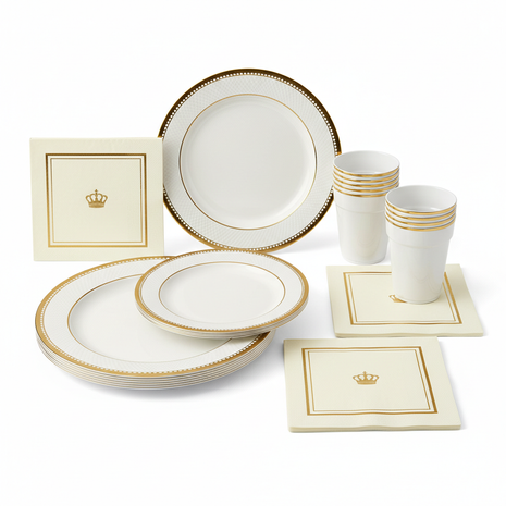 Premium Party Tableware Set - Gold Rim Plates & Cups