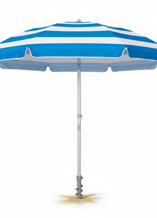 Blue and white striped UV protection beach umbrella with sand anchor