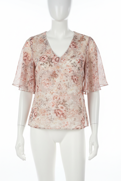 Floral Chiffon Flutter-Sleeve Blouse