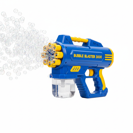 BubbleBlast Electric Bubble Machine Gun in blue and yellow