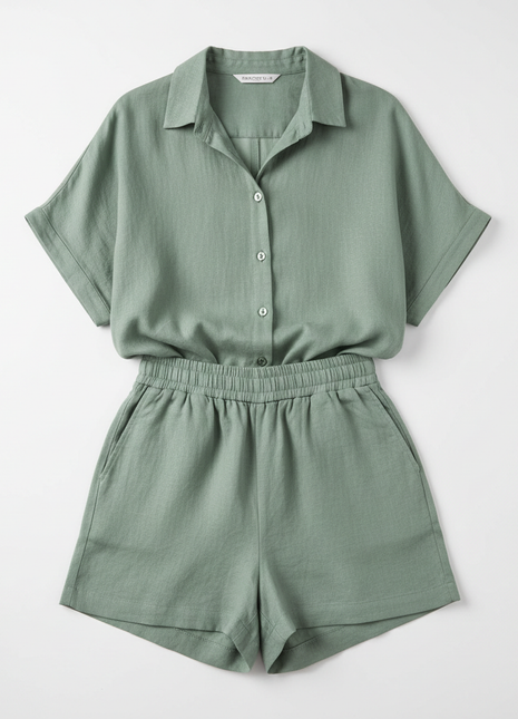 Women's Linen Summer Shorts & Top Set - Sage Green