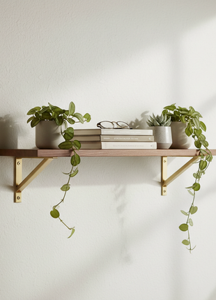 Walnut Floating Wall Shelf with Brass Brackets