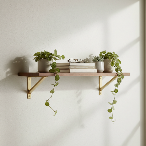 Walnut Floating Wall Shelf with Brass Brackets