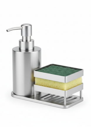SinkStyle Stainless Steel Soap and Sponge Holder Set in brushed silver