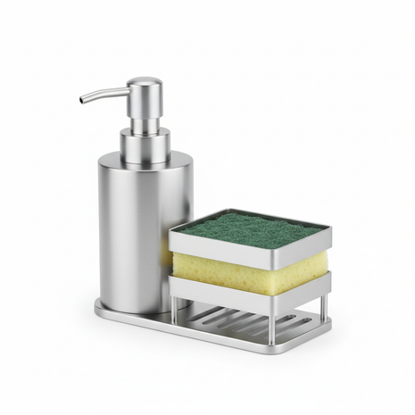 SinkStyle Stainless Steel Soap and Sponge Holder Set in brushed silver