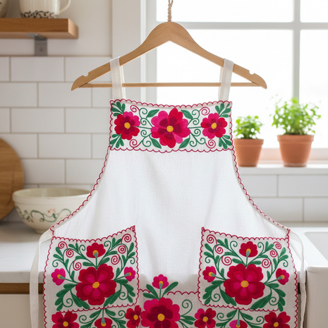 Salvadoran Hand-Embroidered Floral Cotton Apron – Artisan Kitchen Wear