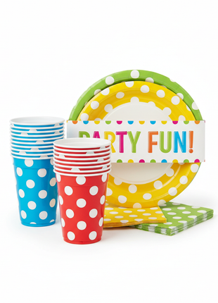 Festive disposable party cups and plates set in bright polka dot design