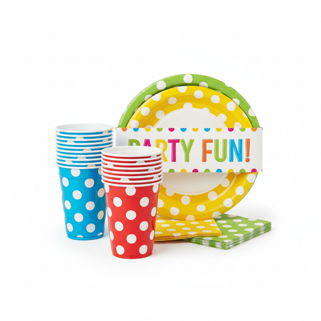 Festive disposable party cups and plates set in bright polka dot design