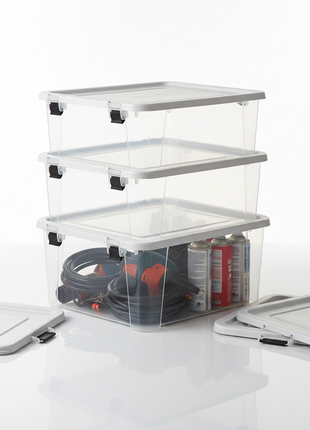 Stackable plastic storage bins with snap-on lids
