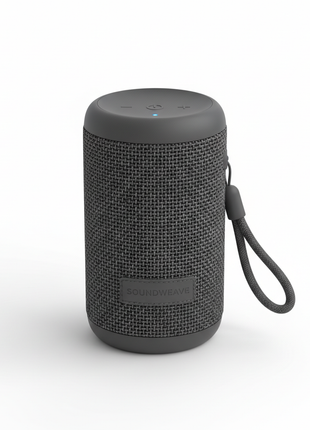 Compact portable Bluetooth speaker in charcoal gray fabric mesh
