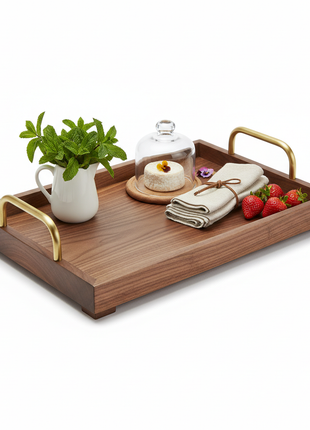 Walnut Wood Serving Tray with Brass Handles