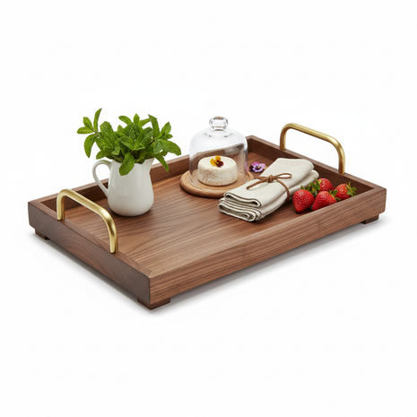 Walnut Wood Serving Tray with Brass Handles