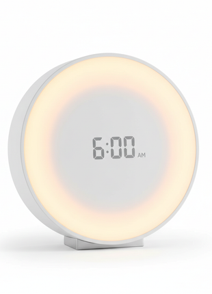 SunRise round white alarm clock with warm amber sunrise glow