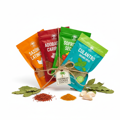 Latin seasoning spice bundle set with sazon, adobo, sofrito, and culantro spice packets