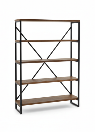 5-tier industrial bookshelf with black metal frame and rustic wood shelves