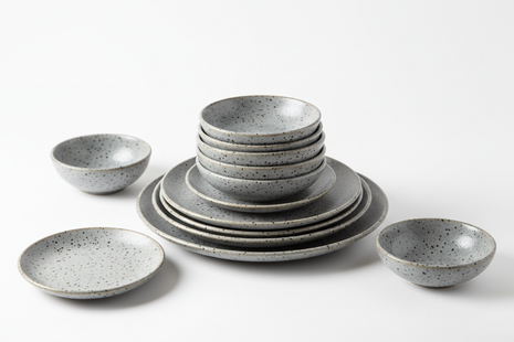 Set of 6 artisan speckled grey stoneware plates stacked