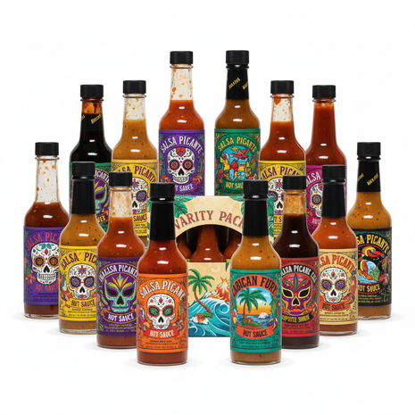 Assorted Latin hot sauce bottles collection with colorful labels