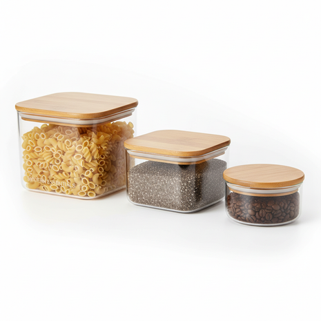 Glass Food Storage Container Set with Bamboo Lids (Set of 3)