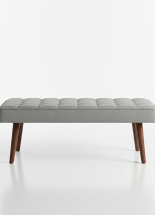 Gray Linen Entryway Bench with Walnut Legs - Tufted Cushion