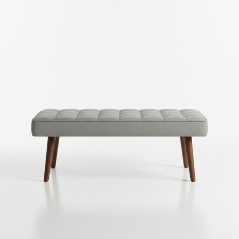 Gray Linen Entryway Bench with Walnut Legs - Tufted Cushion
