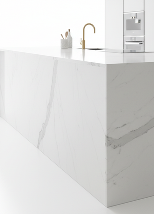 White Marble Waterfall Kitchen Countertop