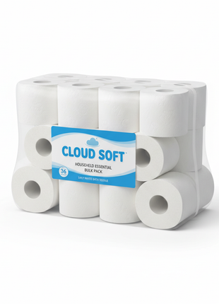 Bulk pack of soft white toilet paper rolls