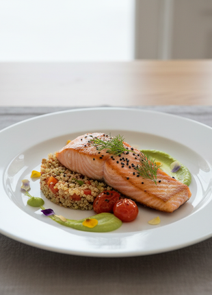Single white ceramic dinner plate styled with food in elegant table setting