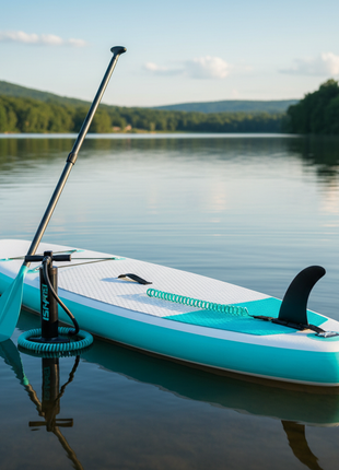Teal inflatable stand-up paddleboard with paddle on calm blue water