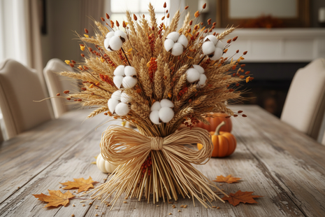 Harvest Wheat Centerpiece with dried wheat stalks and cotton bolls