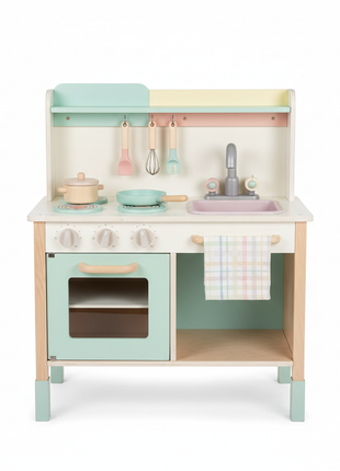 ChefKid Wooden Play Kitchen Set with stove oven and sink in pastel colors