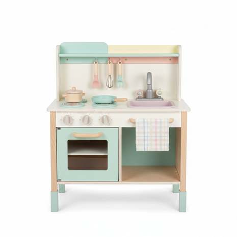 ChefKid Wooden Play Kitchen Set with stove oven and sink in pastel colors