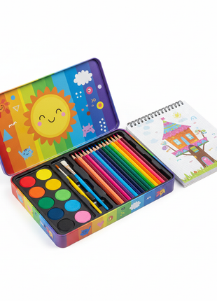 LittleArtist Kids Art and Craft Kit with watercolors pencils and sketchbook in tin case